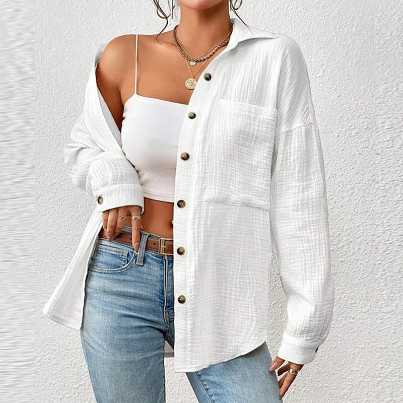 100% Cotton Gauze Muslin Women Shirts Casual Turn Down Collar Long