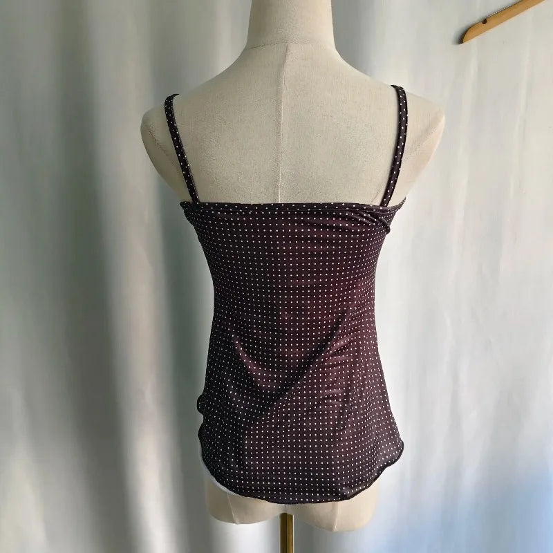 Kimotimo Vintage Polka Dot Camisole Vest Women Summer Folds Sleeveless