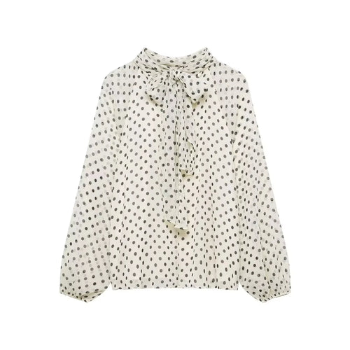 HH Women Fashion Vintage Polka Dot Print Shirts Long Sleeve Bow Lace