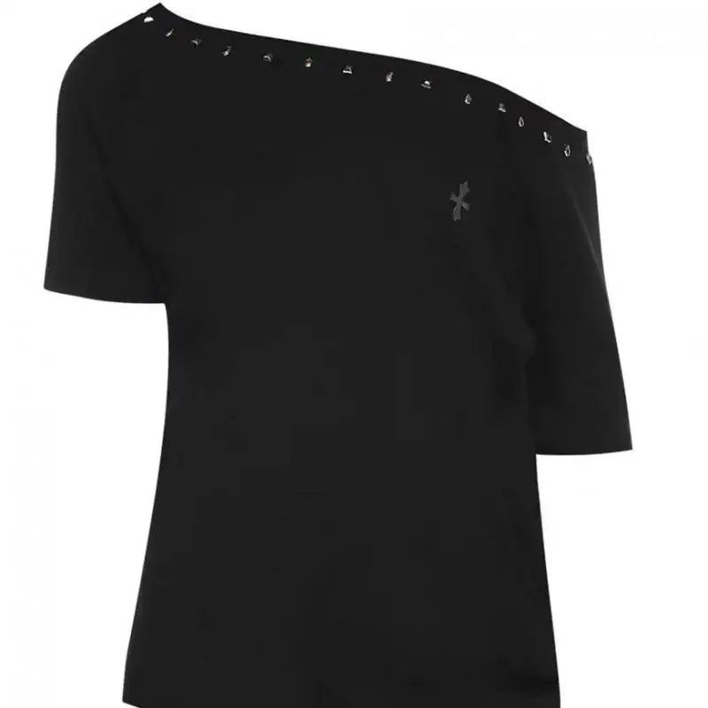 Seeslim Black Off Shoulder Cross Women's T-shirt Short Sleeve 2000s