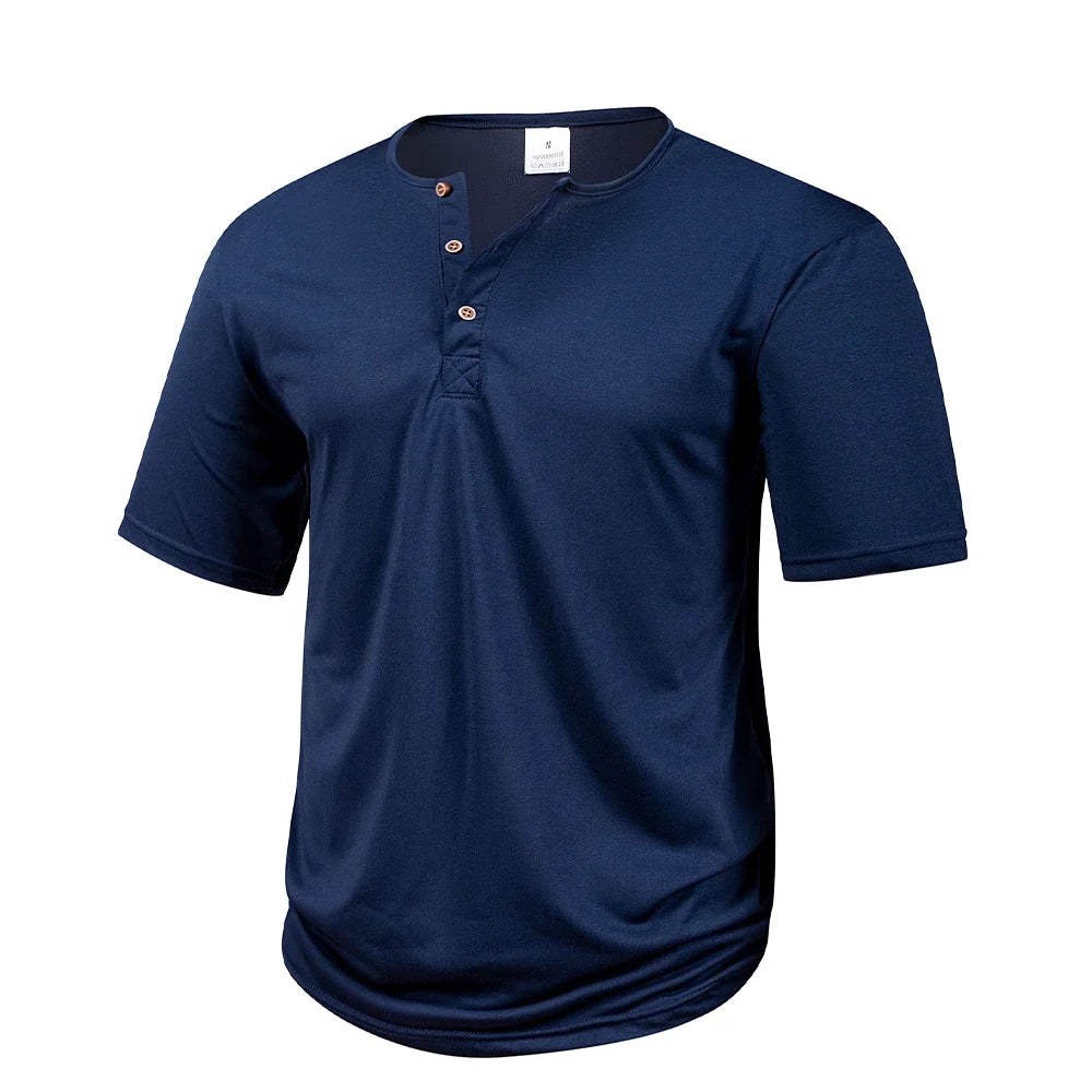 Men's Casual  Henry T Shirt Summer Brown Button Solid Color Polo Short