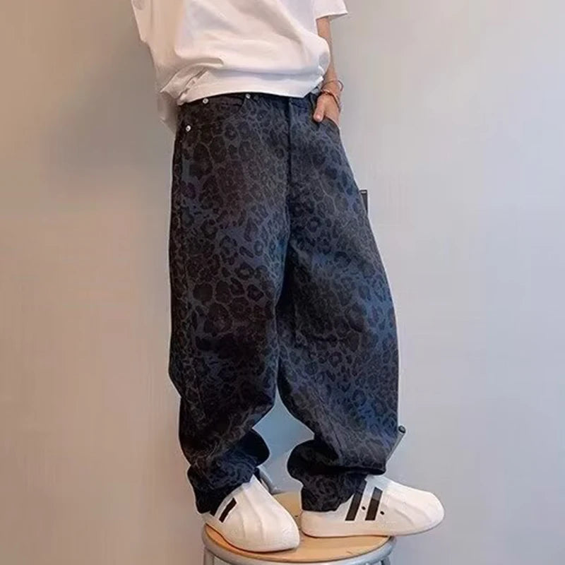 Men Loose Wide Leg Leopard Graphic Jeans Male Classic American Vintage