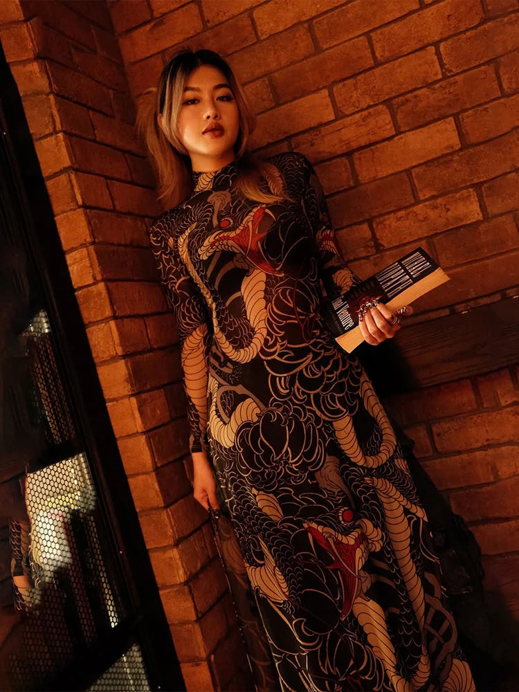 Nibber See Through Blouse Women Snake Print Half-High Neck Long
