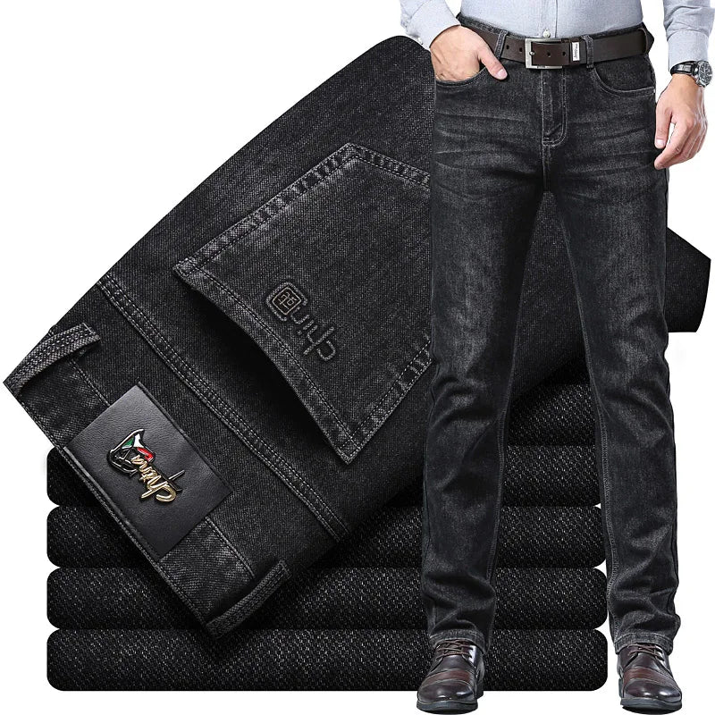 2024 New Black Men's Autumn Winter Thick Jeans Classic Style Stretch