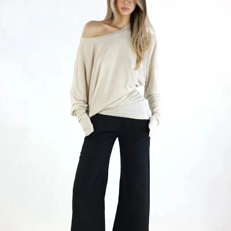 Casual T-Shirt Pleated Vintage Simple Off Shoulder Tees Y2k Streetwear