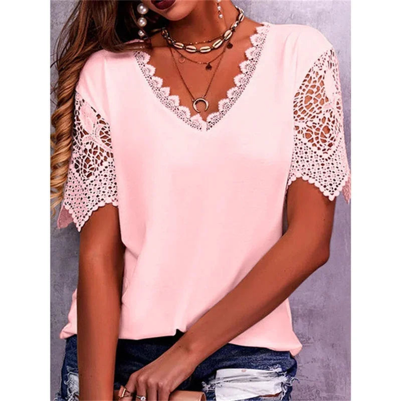 Spring Summer Women Shirts Elegant Hollow Out Lace Short Sleeve V-neck