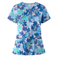 Women Working Uniform Animal Print Cartoon Cat Dog Short Sleeve V-neck