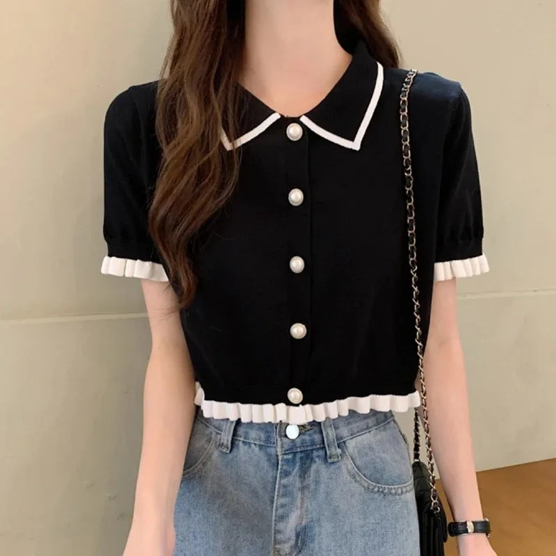 Sweet Women Shirt Korean Knitted Turn Down Collar Chic Short Sleeve