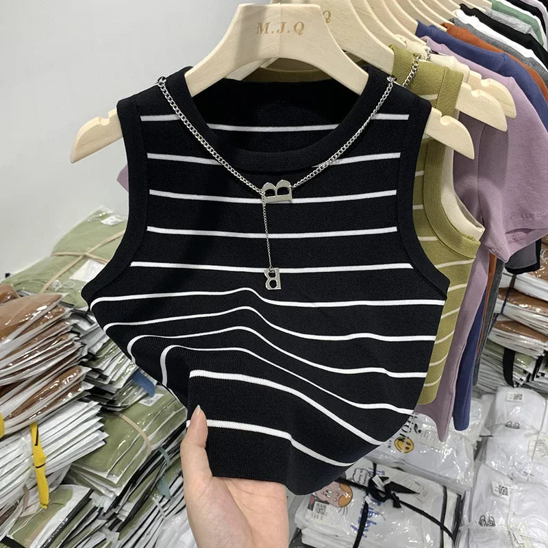 Women Tank Top & Camis New Basic Bottoming Striped Chain Elasticity