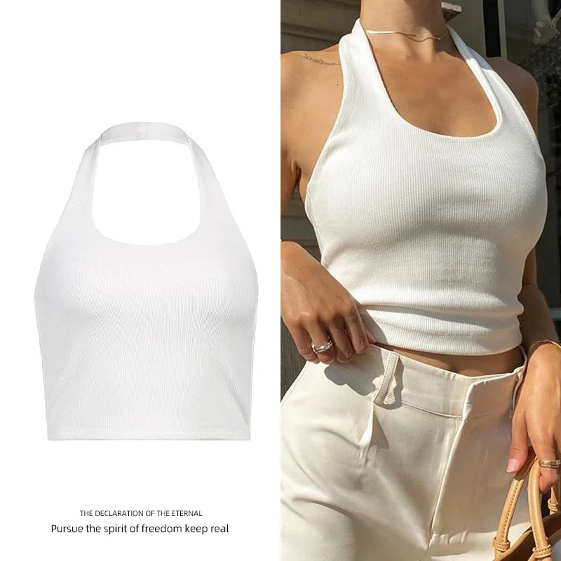 Women's Ribbed Halter Neck Crop Tank Top Sleeveless U-Neck Backless