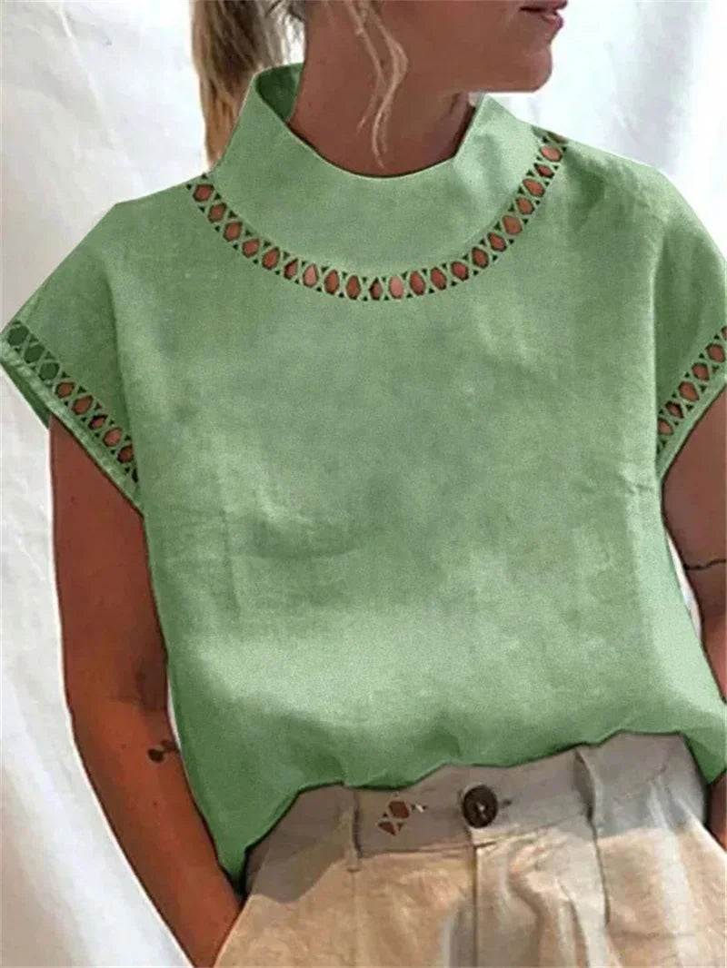 Women Turtleneck Hollow Out Splice Pullover Shirt Summer Solid Color