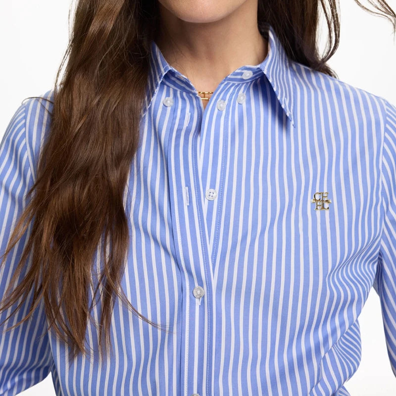 CH Elegant Office Ladies Blue White Vertical Stripe Blouse Long Sleeve