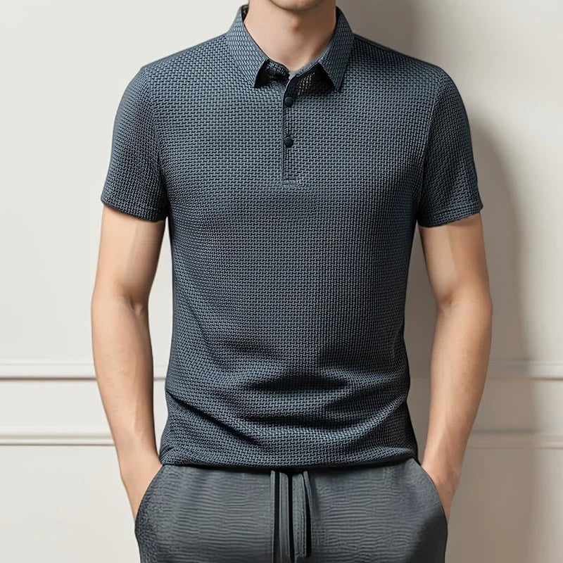 New Men's Business Casual Short Sleeved Bone Flower Solid Color POLO