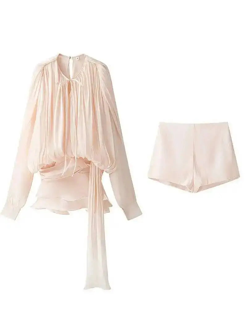 Beige Top Solid Blouse Mini Dresses For Women V Neck Long Sleeve