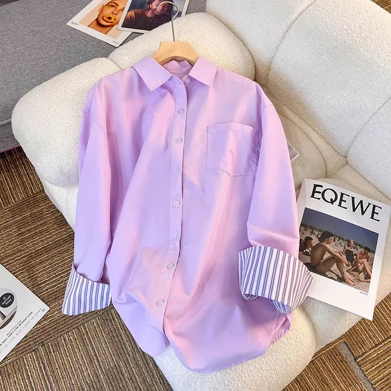 New In Clothing Top Turn-down Neck Purple Patchwork Striped Long