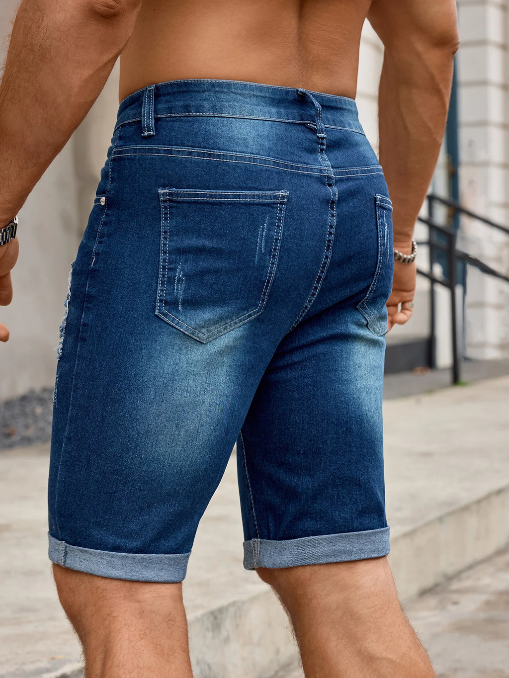 Men Denim Trousers Jeans Shorts Pants, Ripped Hole Rolled Hem Mid