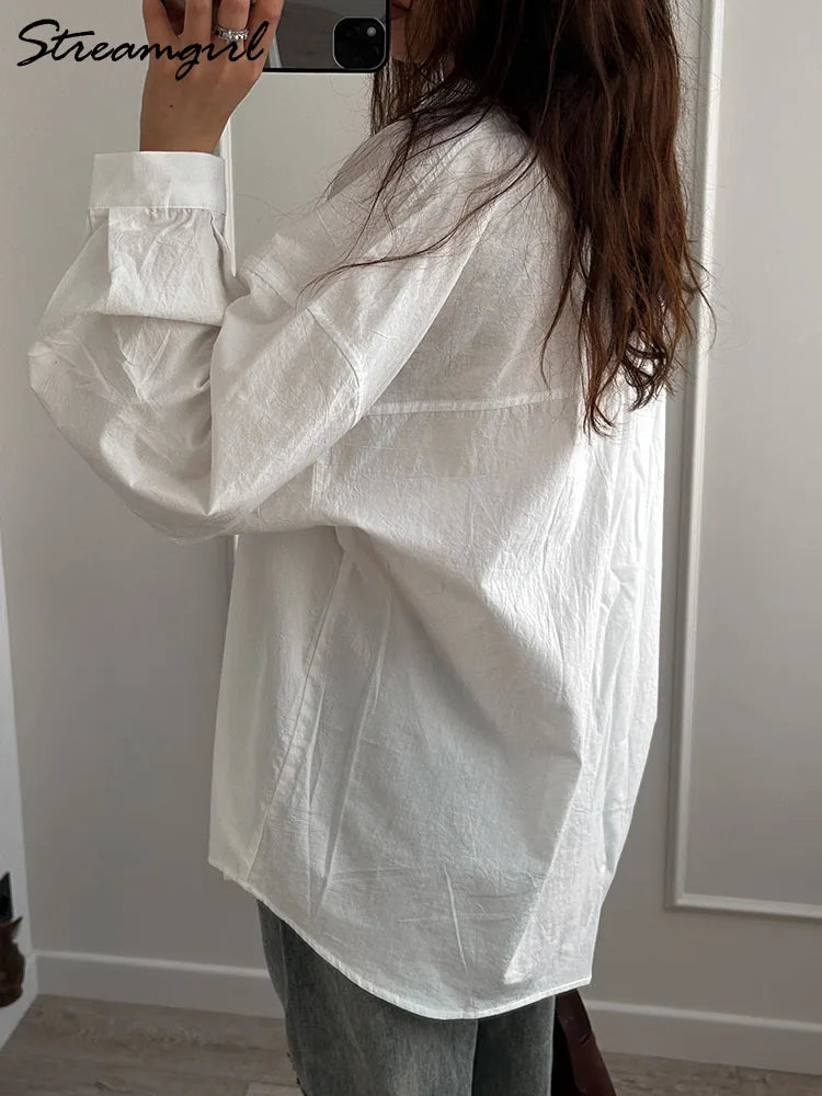 White Basic Oversized Button Up Shirts Women Summer Cotton Office Wear