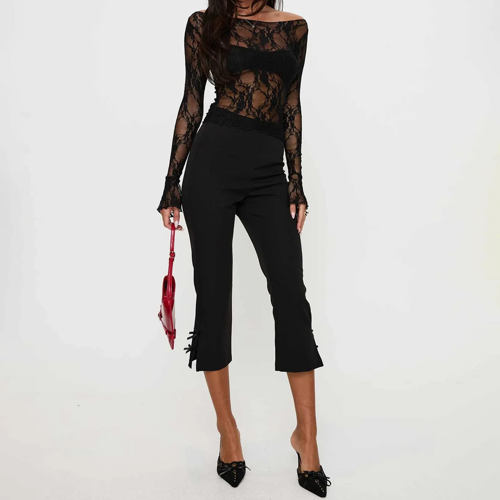 New Women Basic Lace Tops Casual See-Through Fitted Long Sleeve Shirt