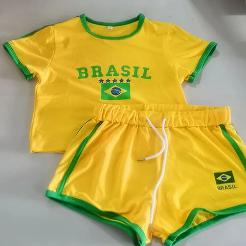 2000s Aesthetic BRASIL Letter Print T-Shirt Shorts Suit Women Vintage