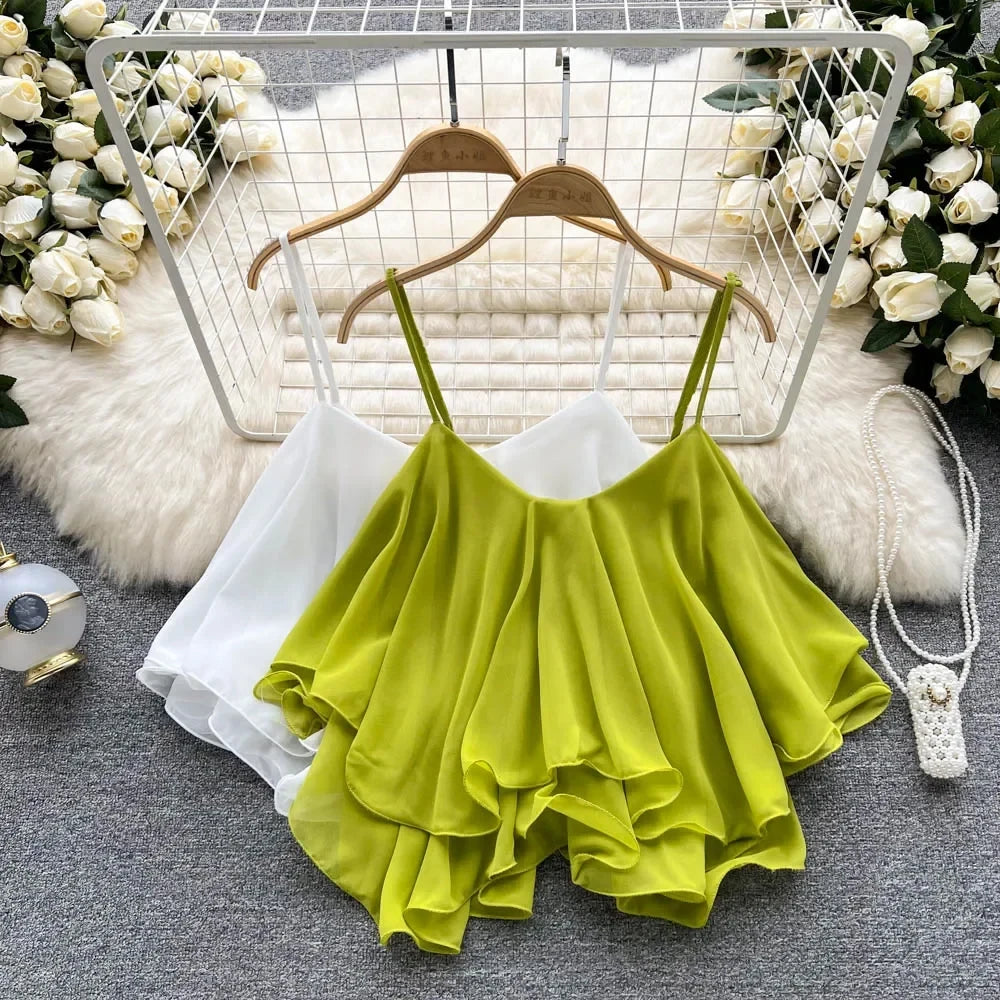 New Summer Spaghetti Straps Ruffle Sleeveless Tanks and Camis Korean