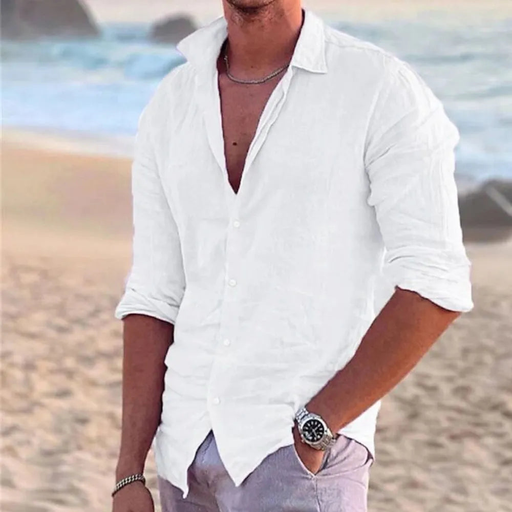 2023 New Men's Shirt Cotton linen Fashion Casual Polo Neck Beach Shirt