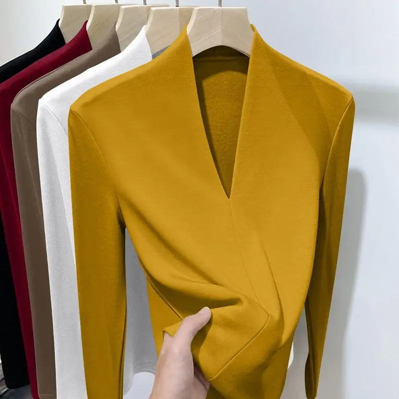 Autumn Winter New Long Sleeve T-Shirts Women Solid V-Neck Plus Velvet