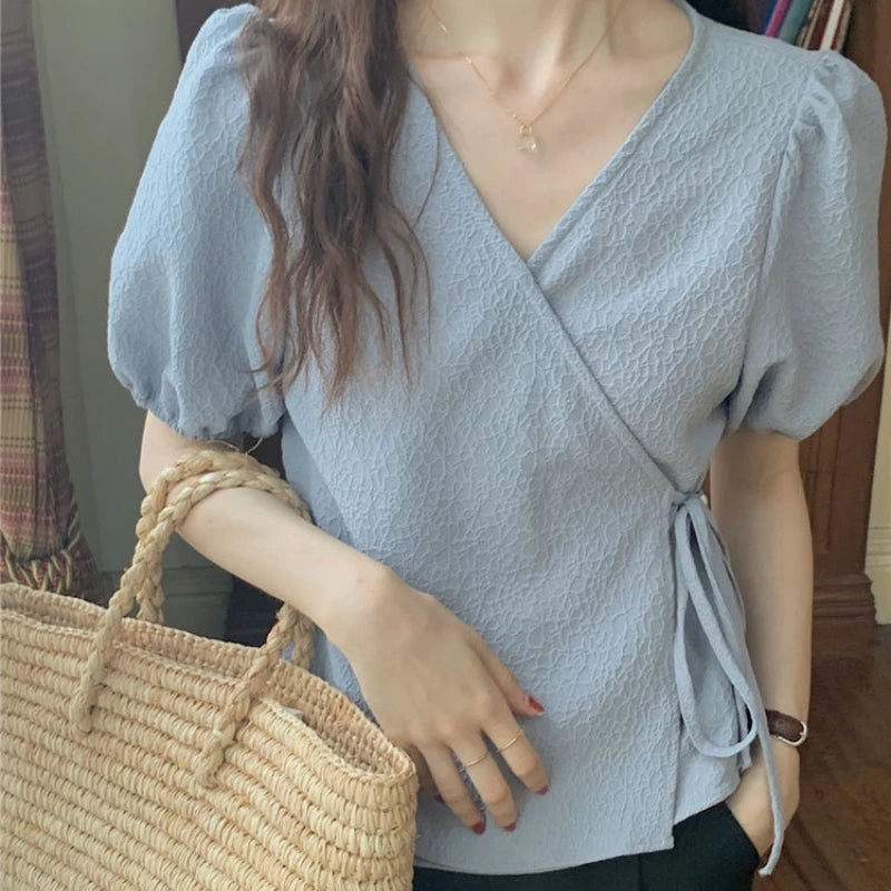 Blouses Women Summer Korean Style V-neck Design Simple Puff Sleeve