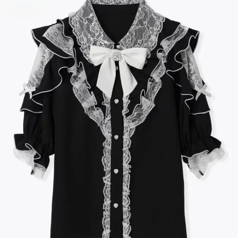 Summer Japanese Gothic Lolita Style Bow Shirts Women Sweet Y2k Lace