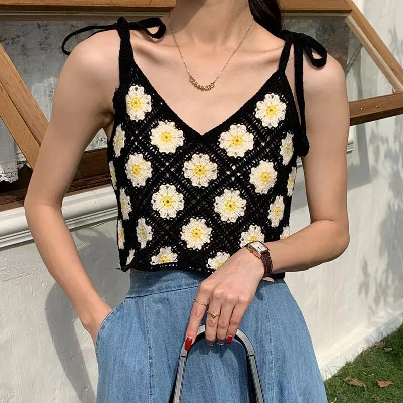 Floral Crochet Top with Tie Shoulder Strap Open-knit Cami Tank Women