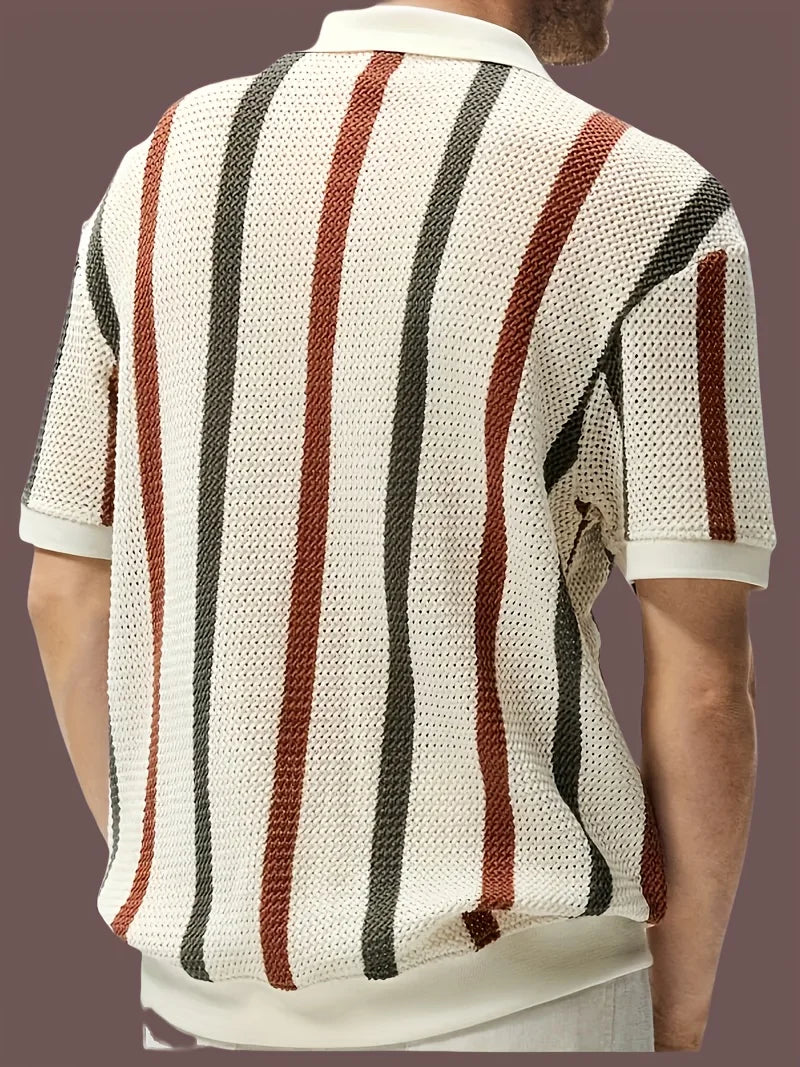 Men's New Summer Striped Sheer Design Knitted Crew-Neck Sweater -