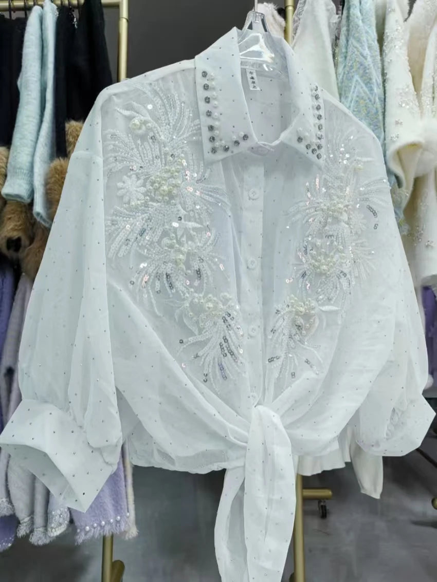 Luxury Diamonds Sequined Sunscreen Blouses Shirts Women 2026 Spring