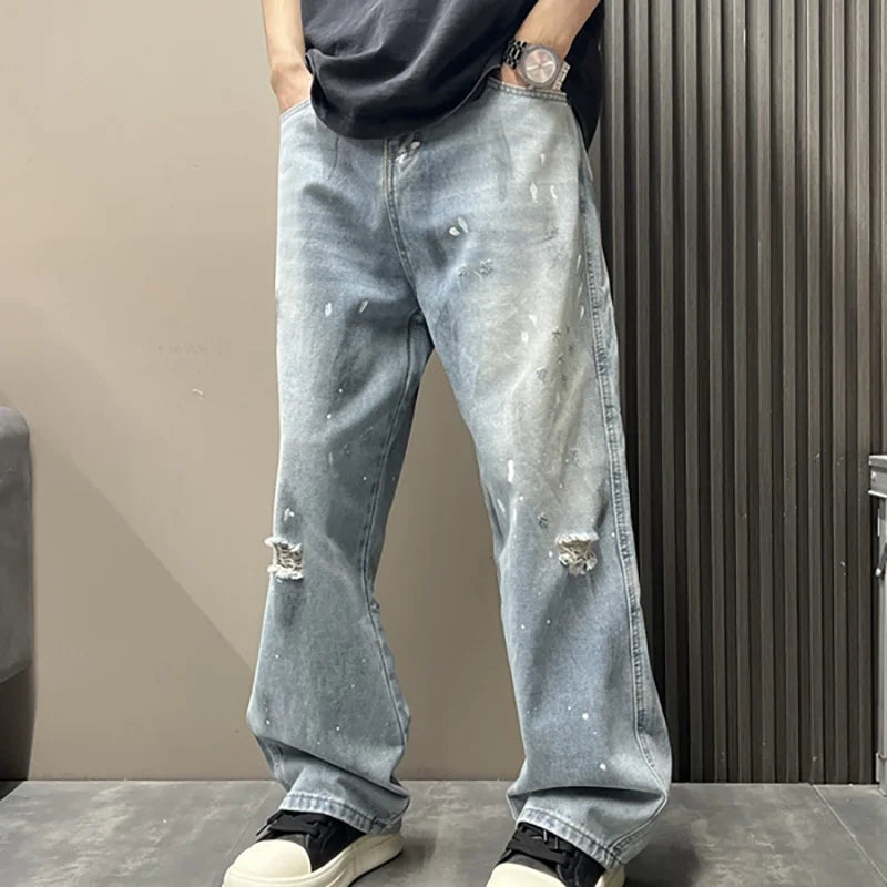 Korean Men'S Splashed Ink Jeans Casual Loose High Street Summer Ripped
