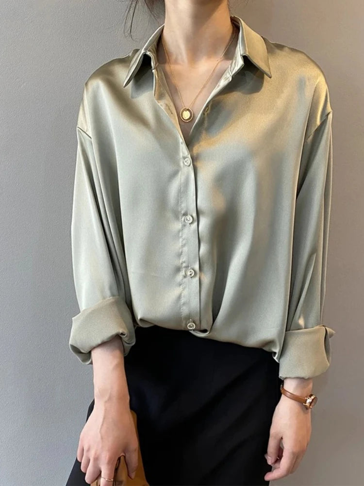 2026 Elegant Satin Loose Women Shirt Spring Turn-down Collar Ladies