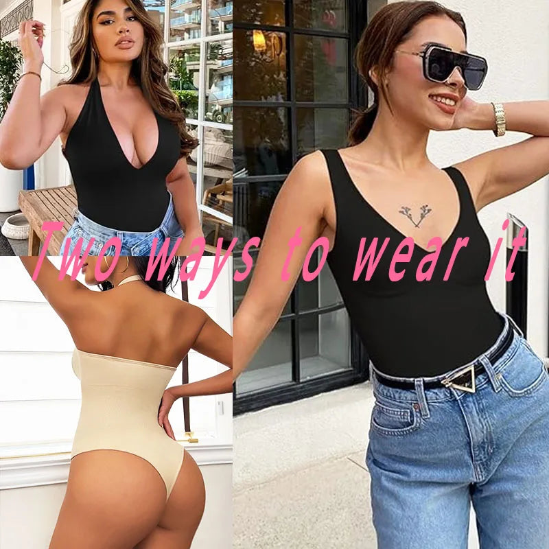 GUUDIA Sexy V Neck Bodysuit Thong Tummy Control Bodysuit Seamless