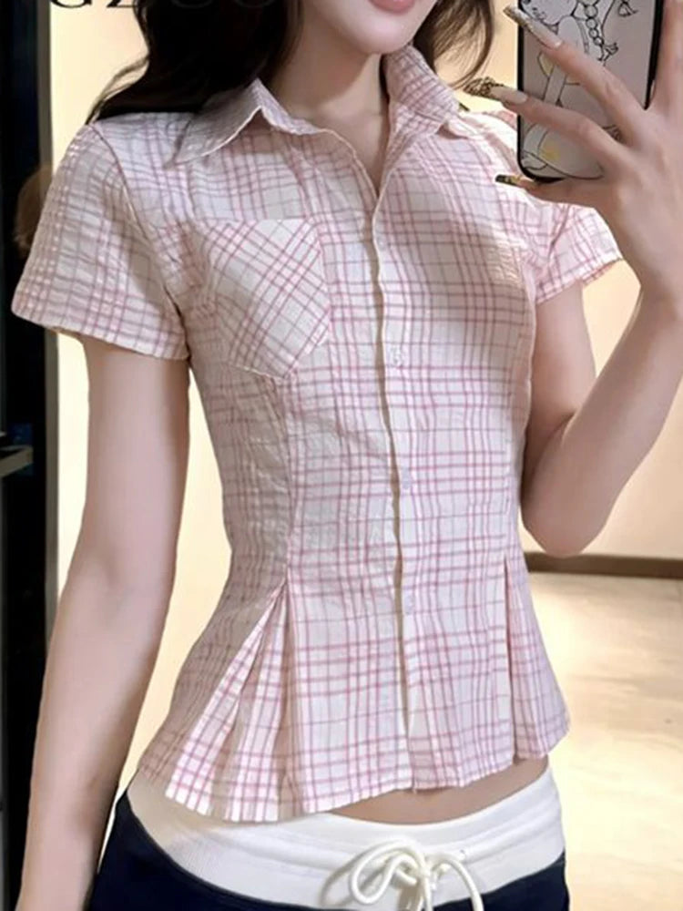 Women Slim Pink Plaid Shirt Sexy Cropped Amercian Vintage Short Sleeve