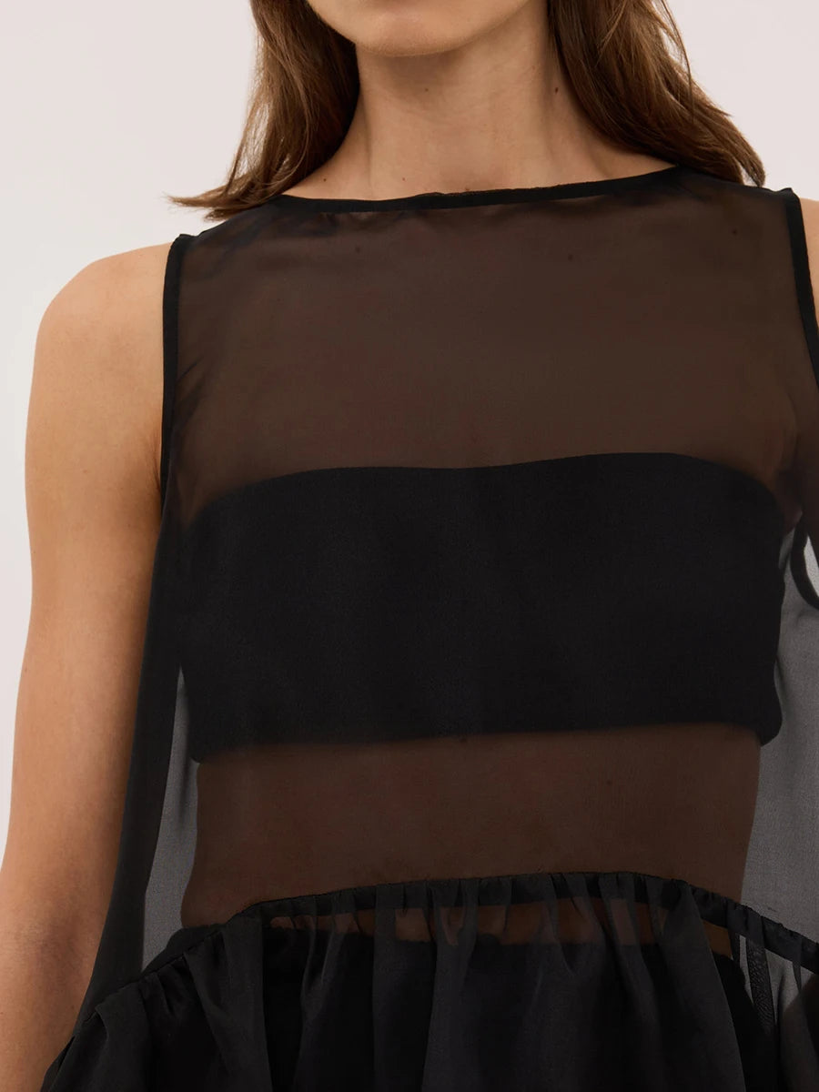 LIMO Sheer Mesh Sleeveless Top Women Ruffle Hem Flowy See-Through