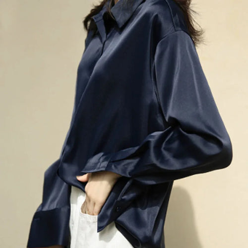2026 Elegant Satin Loose Women Shirt Spring Turn-down Collar Ladies