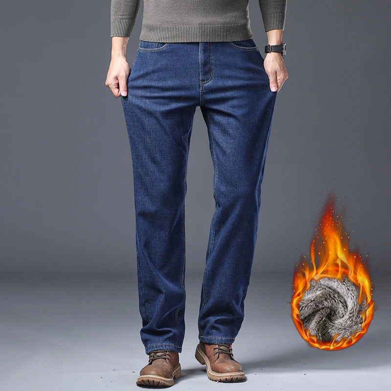 Men's Fleece Lined Thicken Jeans Winter Warm Stretch Slim Fit Denim