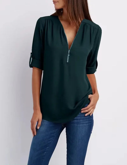 2024 Hot Sale Women Cool Loose Shirt Deep V Neck Chiffon Fashion