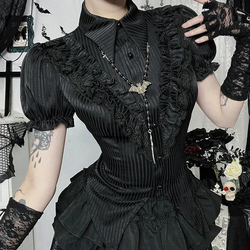 Goth Dark Kawaii Black Short Sleeve Buttons Shirt Lace-up Blouses Mall