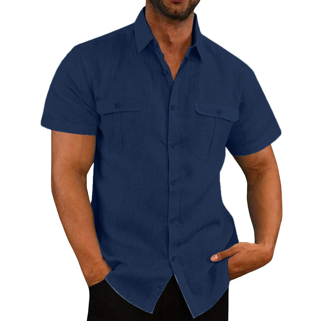 Men's Short Sleeve Linen Blend Button Down Shirt with Double Chest