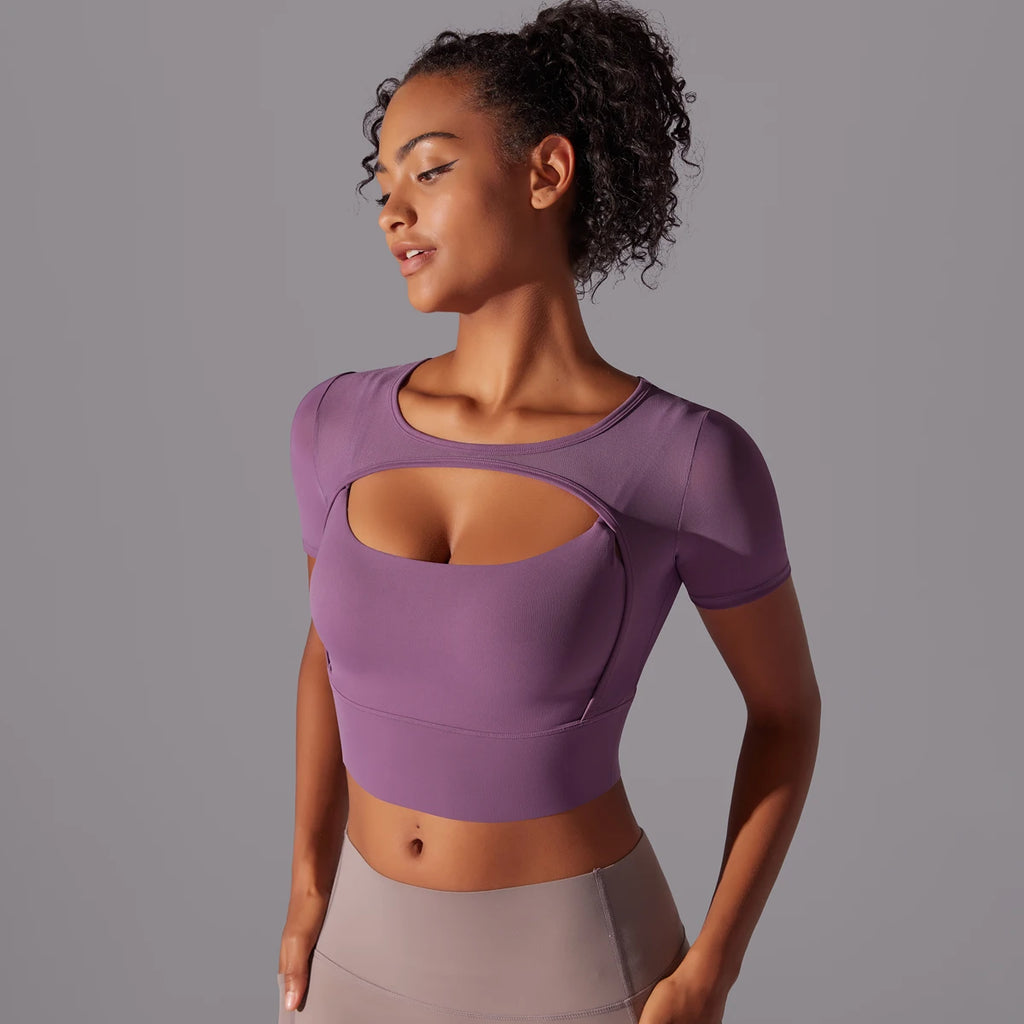 Women's Mesh Yoga Shirt Sexy Short Sleeve T-Shirt Sport Top Blouse