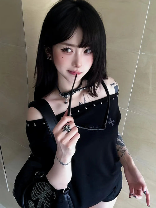 Seeslim Black Off Shoulder Cross Women's T-shirt Short Sleeve 2000s