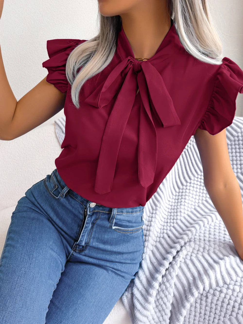 Women's Casual Bow Ruffle Short Sleeve Chiffon Blouse V Neck Lace Up