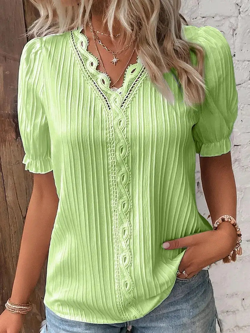 Elegant Women Blouse Shirt V Neck Lace Patchwork Short Sleeve Shirts