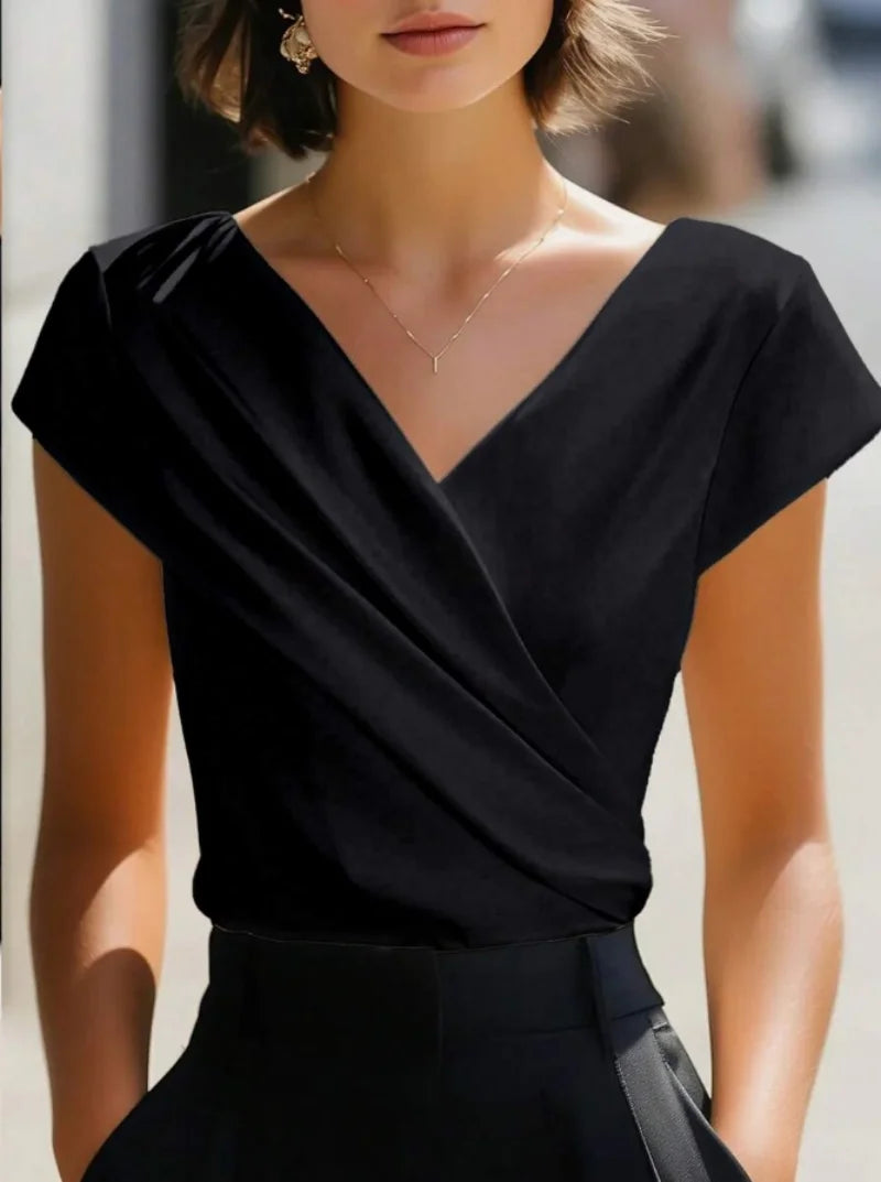 Elegant Satin V Neck Wrap Blouse for Women Short Sleeve Office Work