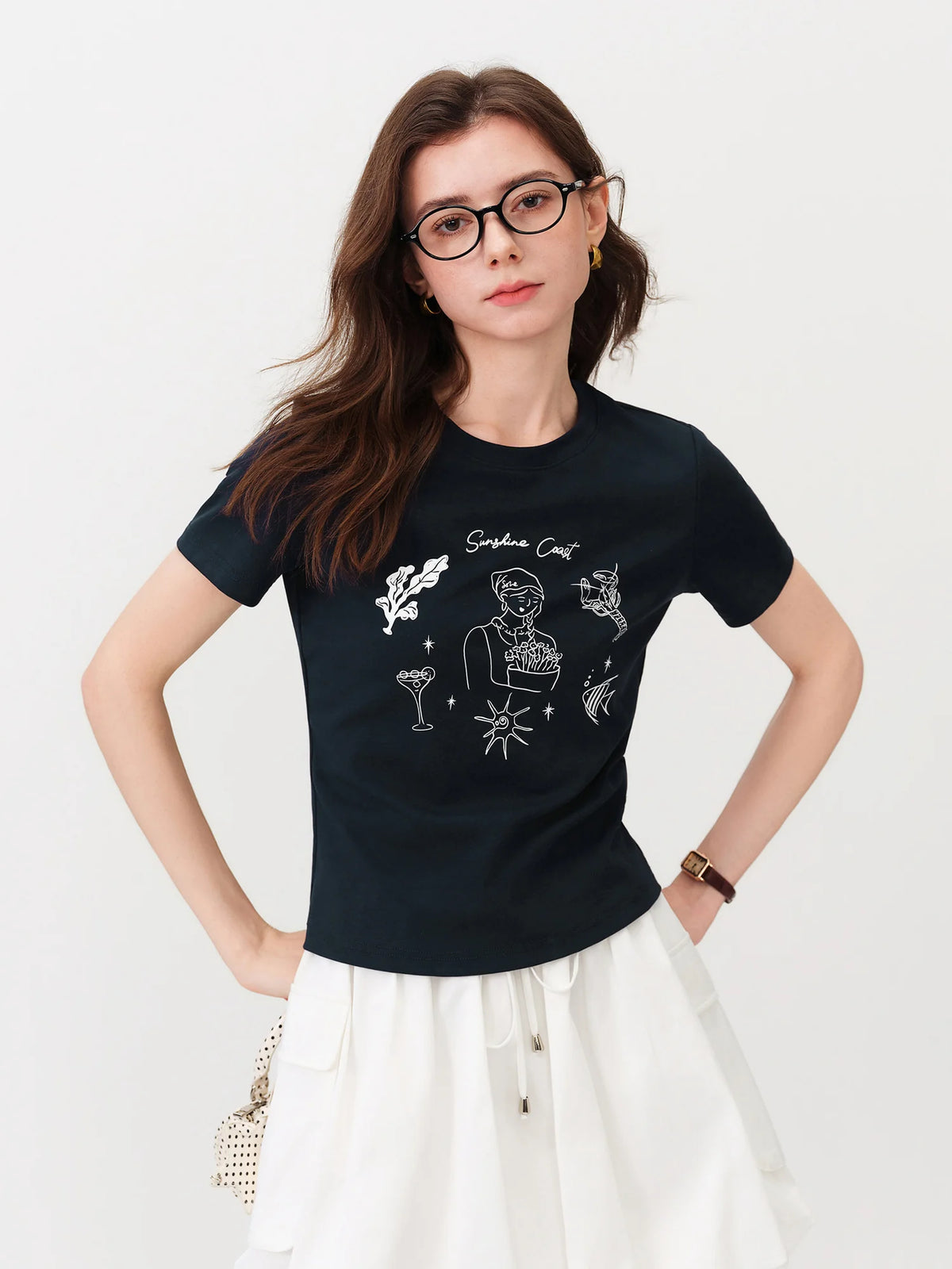 FSLE 2026 Summer Women's White Fitted Straight Cut Graphic Print