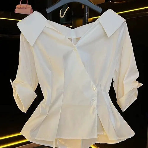 Elegant Short Sleeve V-Neck Shirt Women's Slim Blouse 2025 New Korean