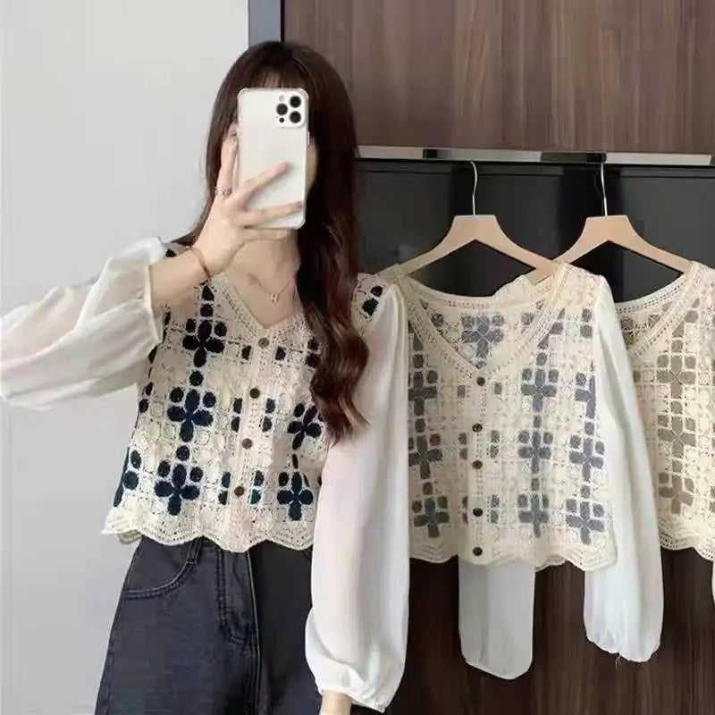 Women's Crochet Blouse with Chiffon Sleeve Button Front Crop Tops