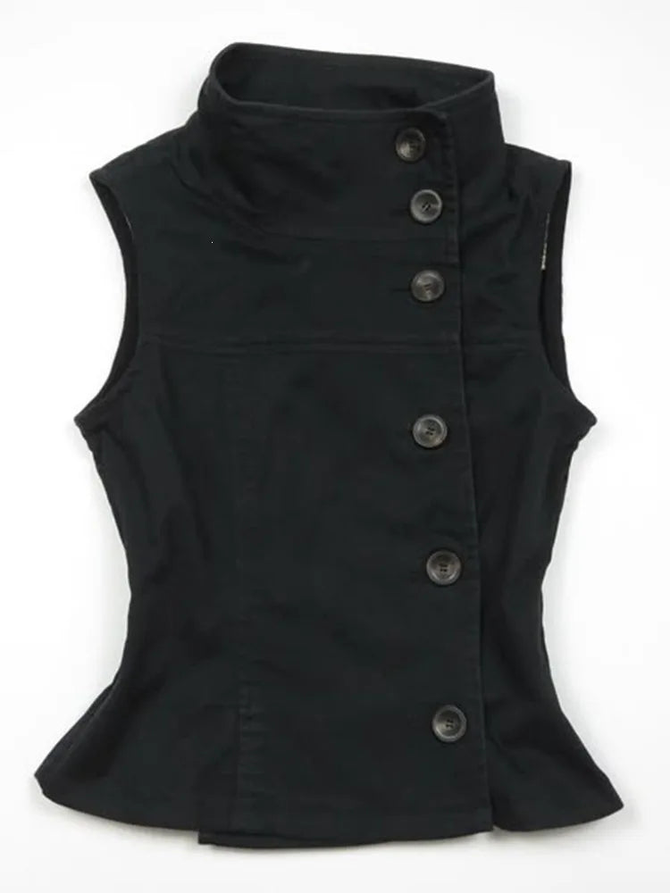 Summer Black Women's Casual Vest Stand Collar Sleeveless Diagonal
